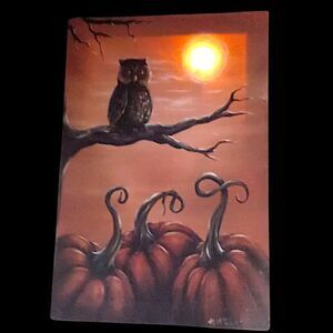 Owl Light Up Full Moon Wall Decor LED‎ Halloween Art Canvas Pumpkins Witchy Fall